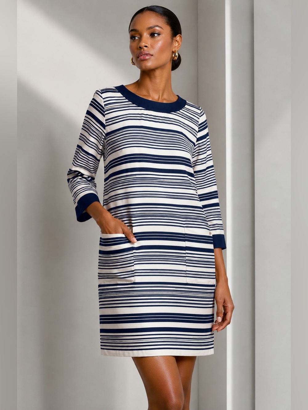 J.Crew 100% Silk Navy Cream Striped Shift Tunic Dress 3/4 Sleeve Size 10